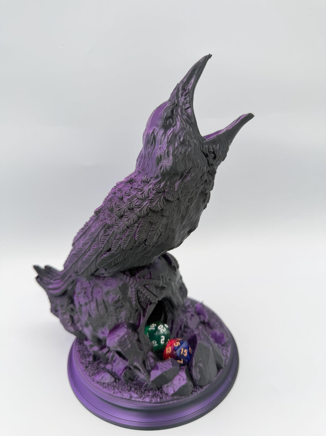 Hollow Crow dice tower in Black Purple with dice in the catch tray