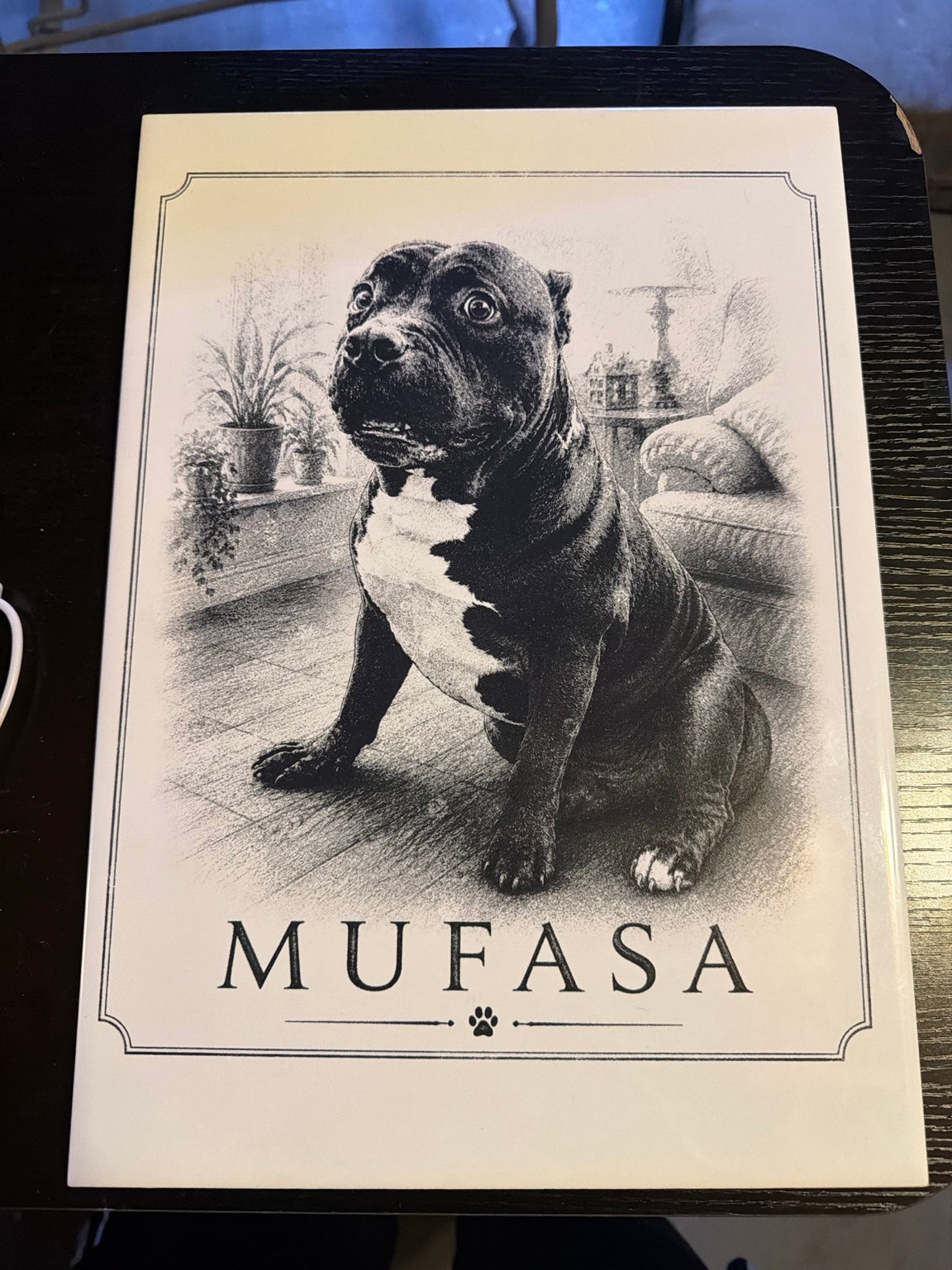 Custom MemoryTile display example showing engraved dog portrait tile with Mufasa name