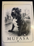 Custom pet Memory Tile example featuring engraved dog portrait with name Mufasa on large display tile