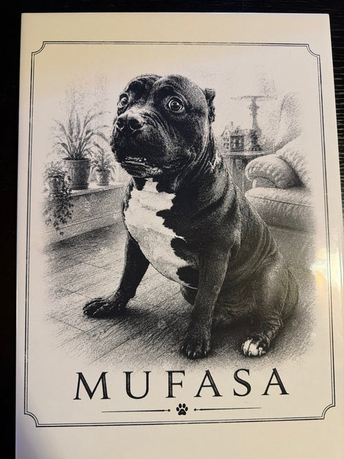 Custom pet Memory Tile example featuring engraved dog portrait with name Mufasa on large display tile