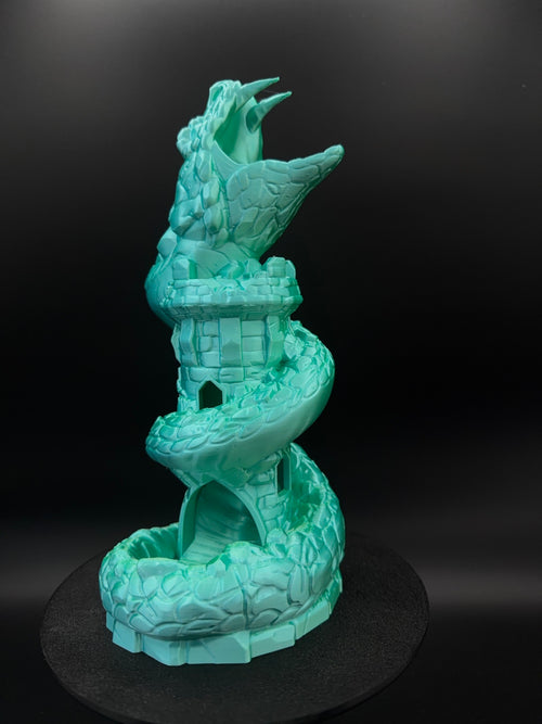 Front view of green and aqua basilisk dice tower with dice tray
