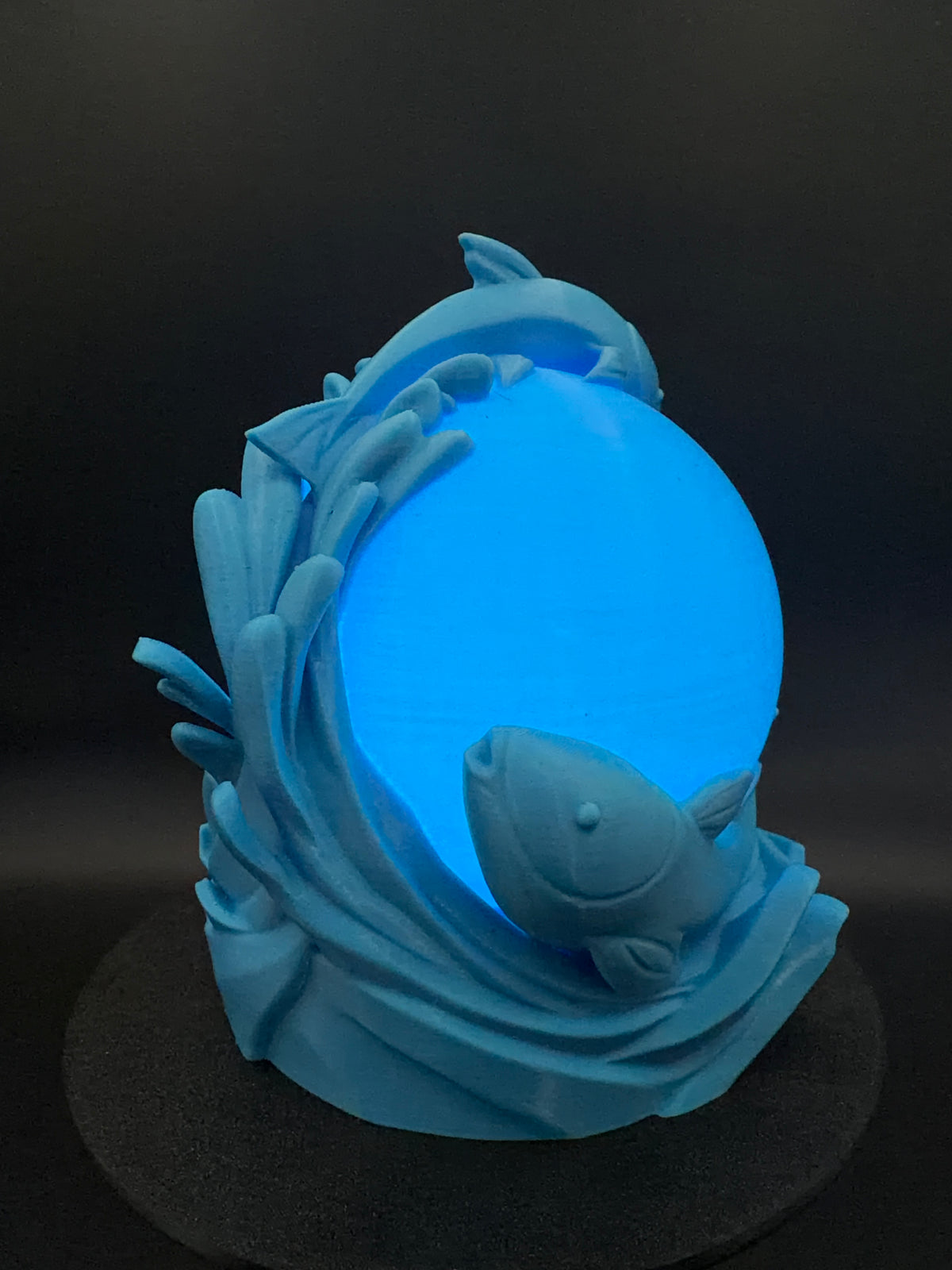 Blue Koi LED lamp illuminated, showing both koi around glowing orb