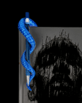 Dragon Tail pen holder clipped to a notebook with blue dual color dragon tail holding a pen