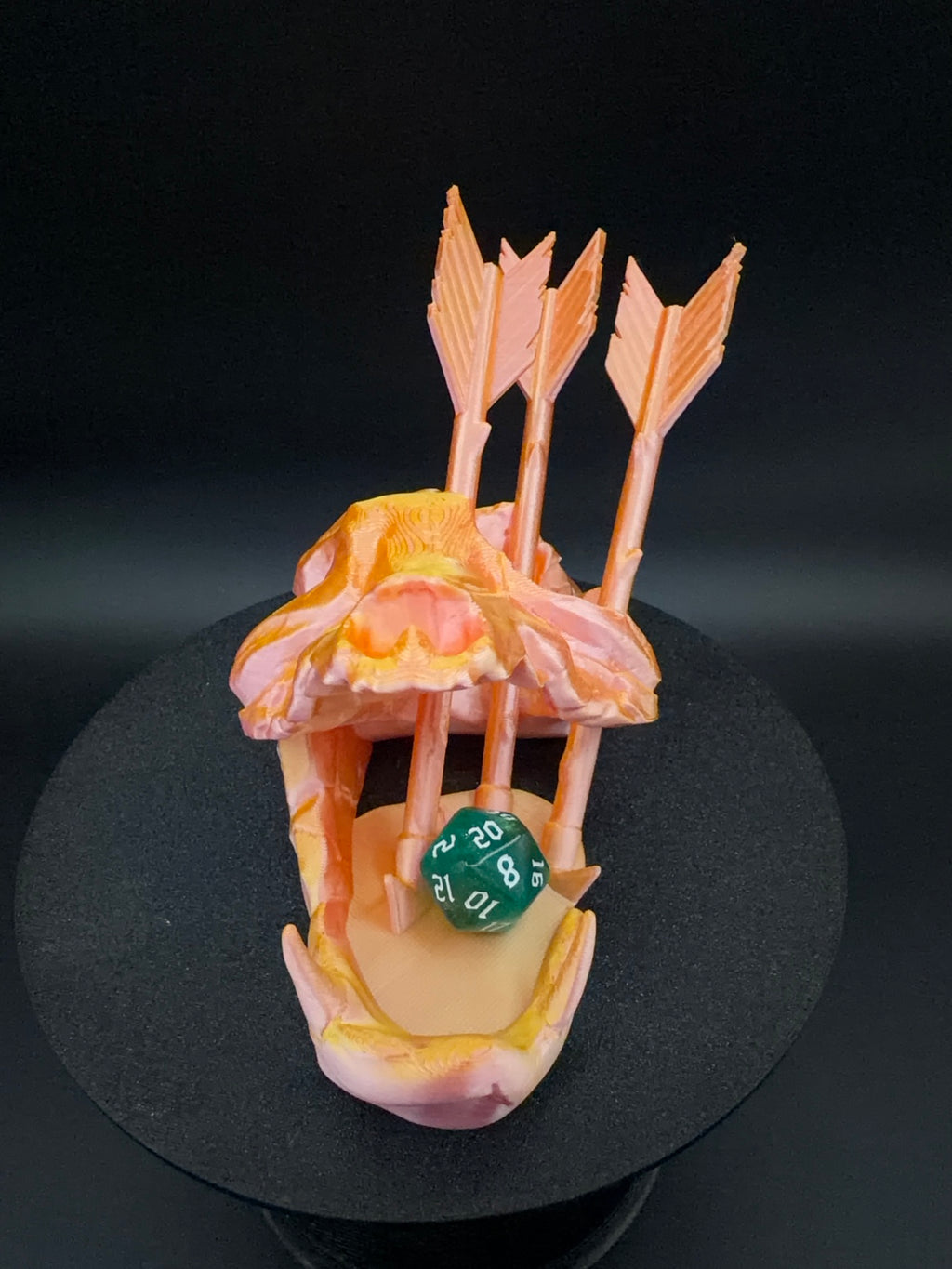 Front view of skull dice tower with die in tray