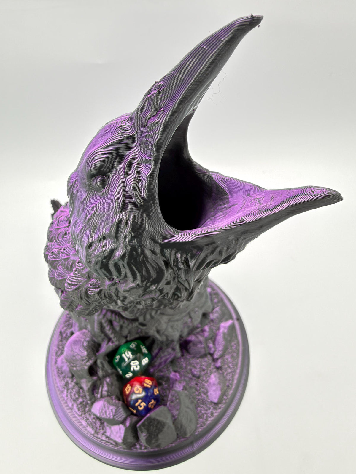Hollow Crow dice tower – Black Purple – close-up of the open beak from above