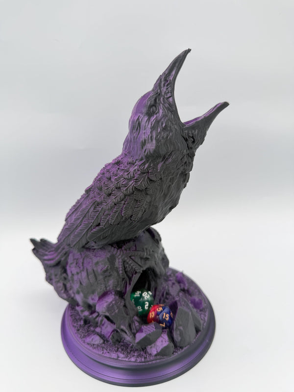 Hollow Crow dice tower – Black Purple – front three-quarter view with dice in the catch tray