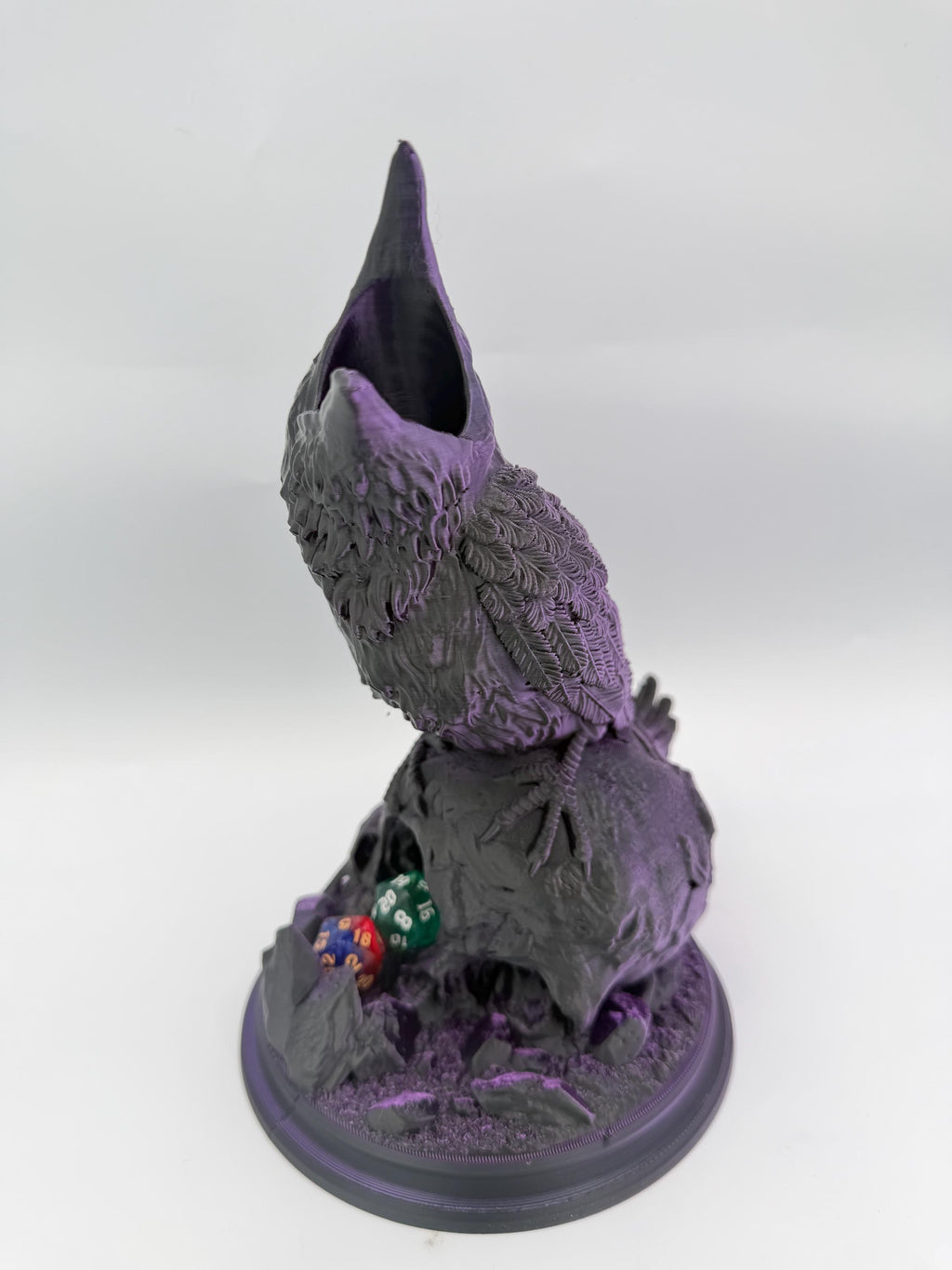 Hollow Crow dice tower – Black Purple – front view of the open beak