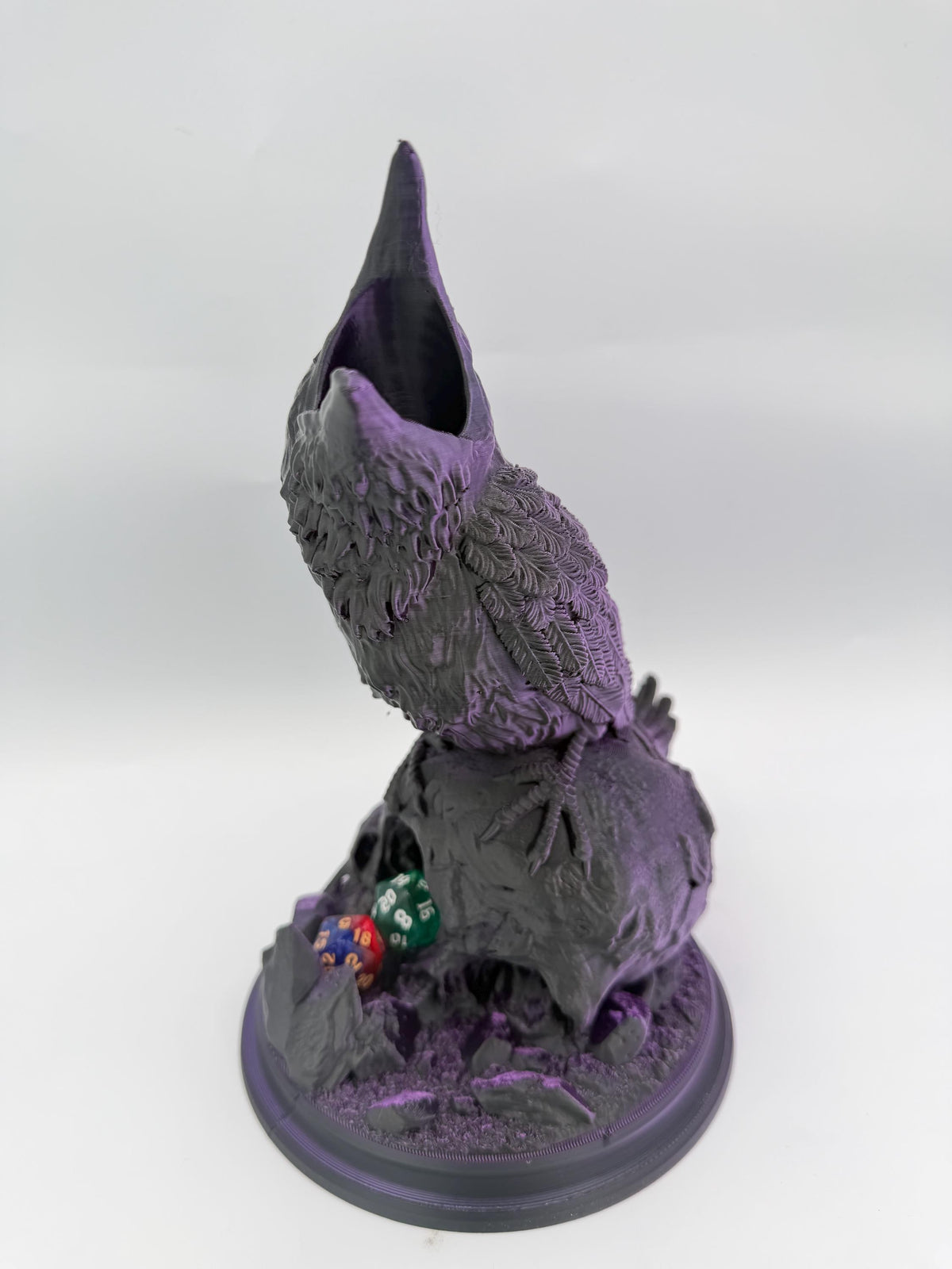 Hollow Crow dice tower – Black Purple – front view of the open beak