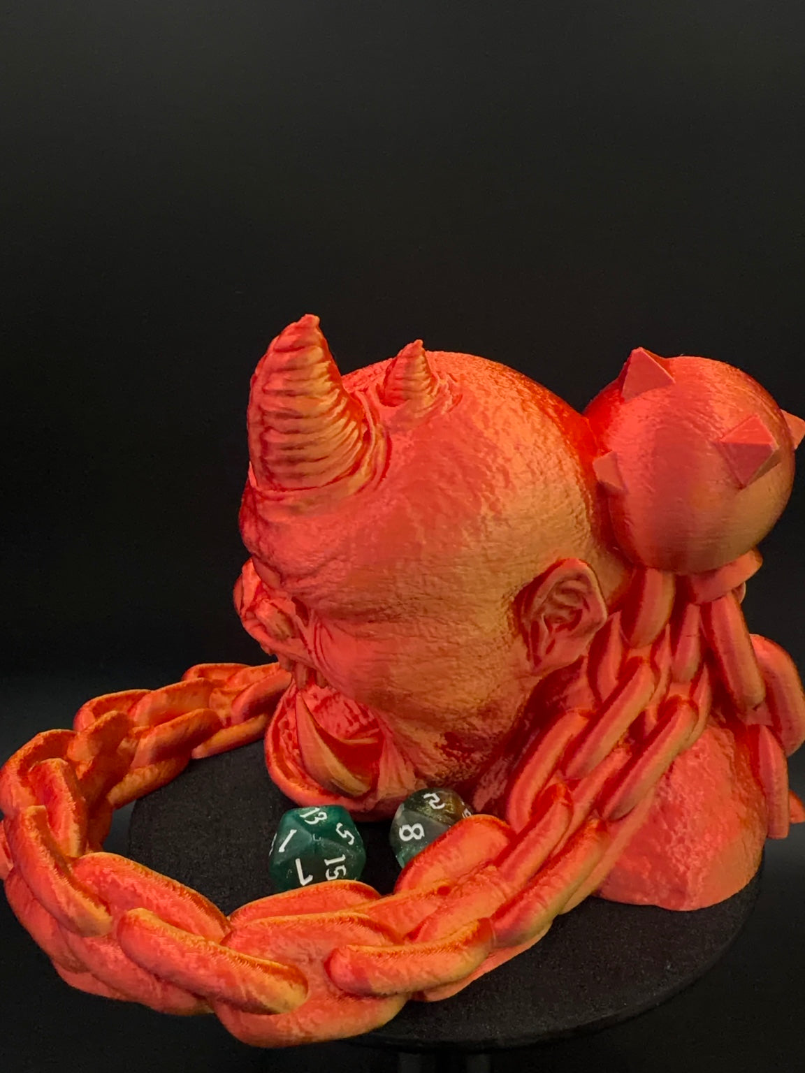Ember orange and gold horned dice tower, view 1