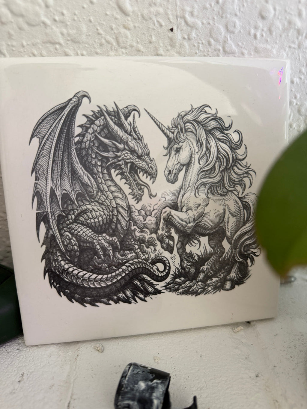 Fantasy artwork MemoryTile example with dragon and unicorn illustration