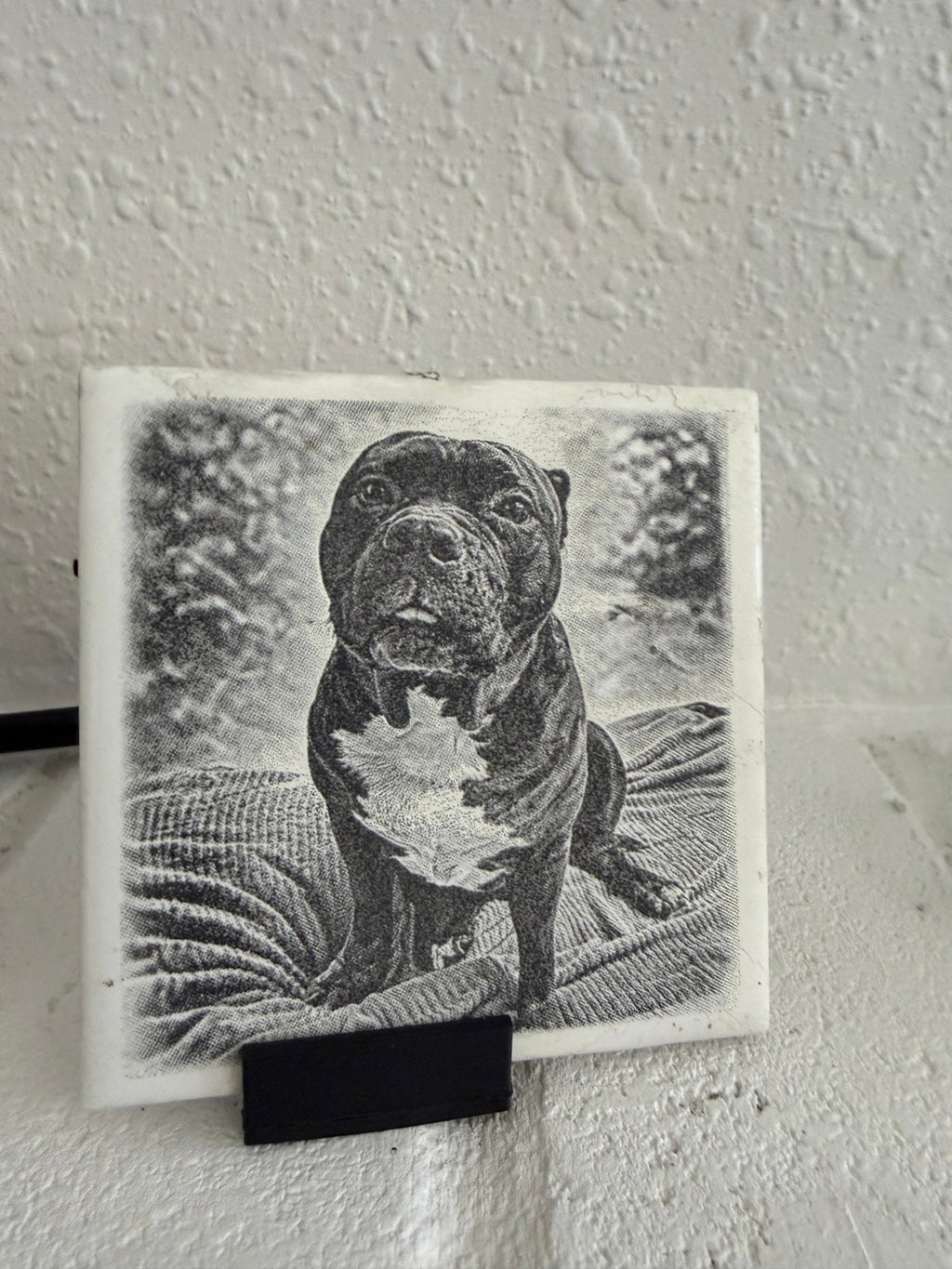 Custom MemoryTile pet photo keepsake tile displayed on a stand