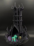 Obsidian Citadel black and purple dice tower, front view with dice