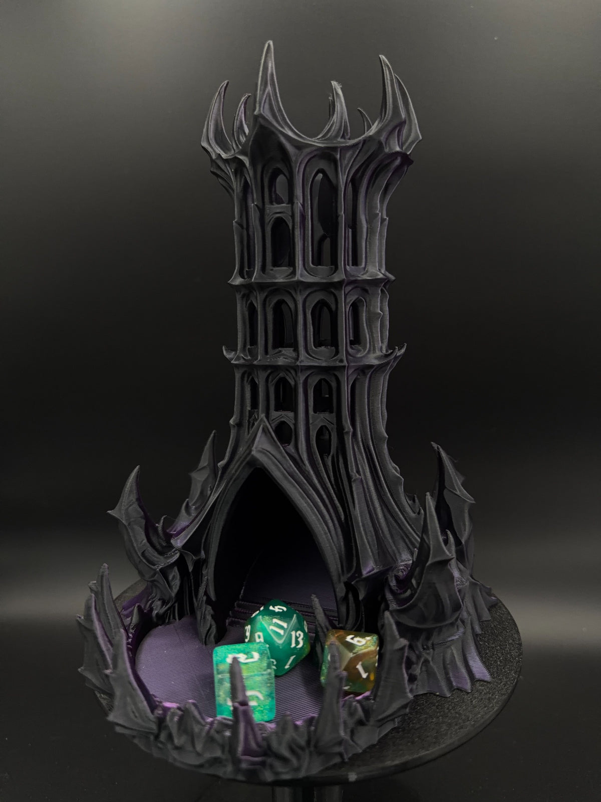 Obsidian Citadel black and purple dice tower, front view with dice