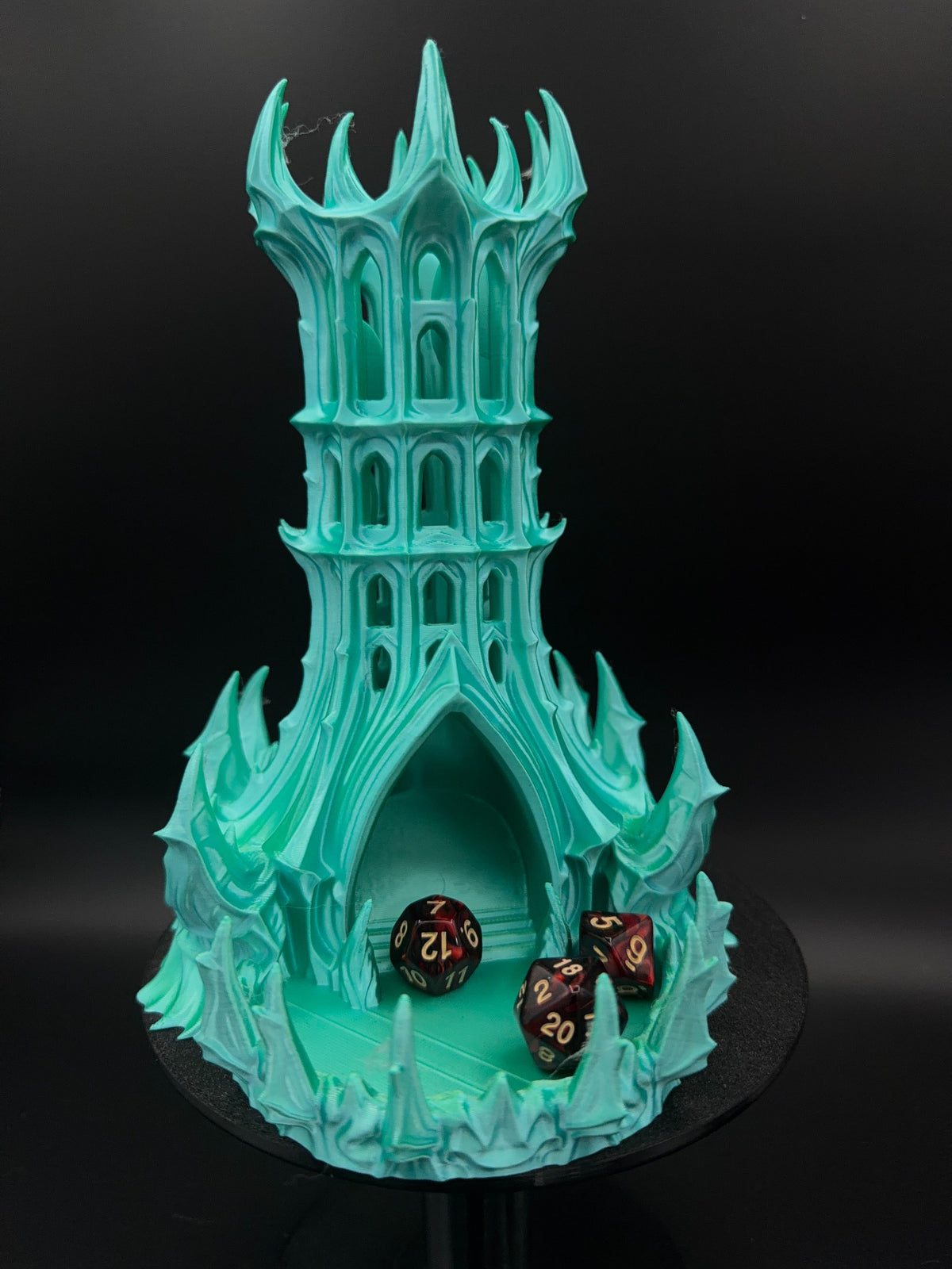 Obsidian Citadel Blue/Green dice tower, front with dice