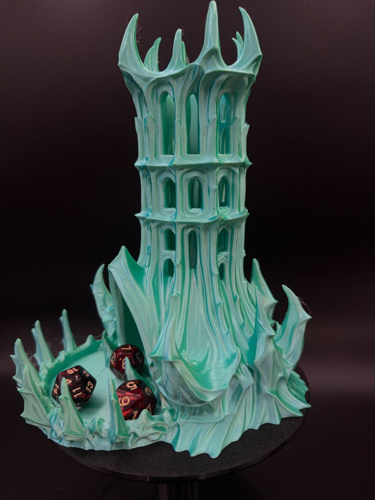 Obsidian Citadel Blue/Green dice tower, side with dice