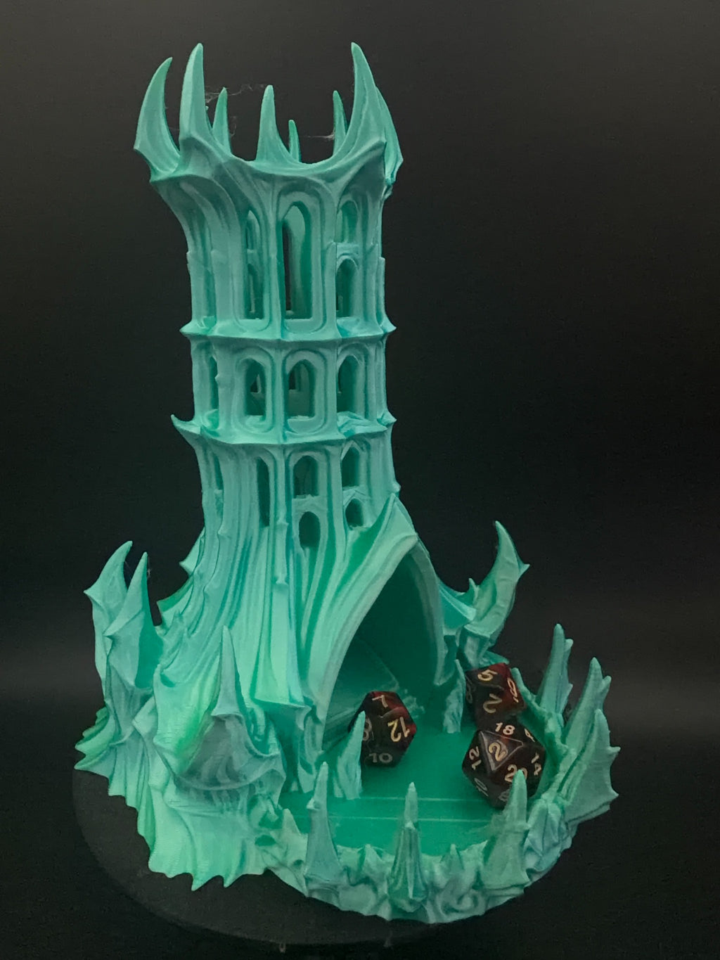 Obsidian Citadel Blue/Green dice tower, front angle with dice