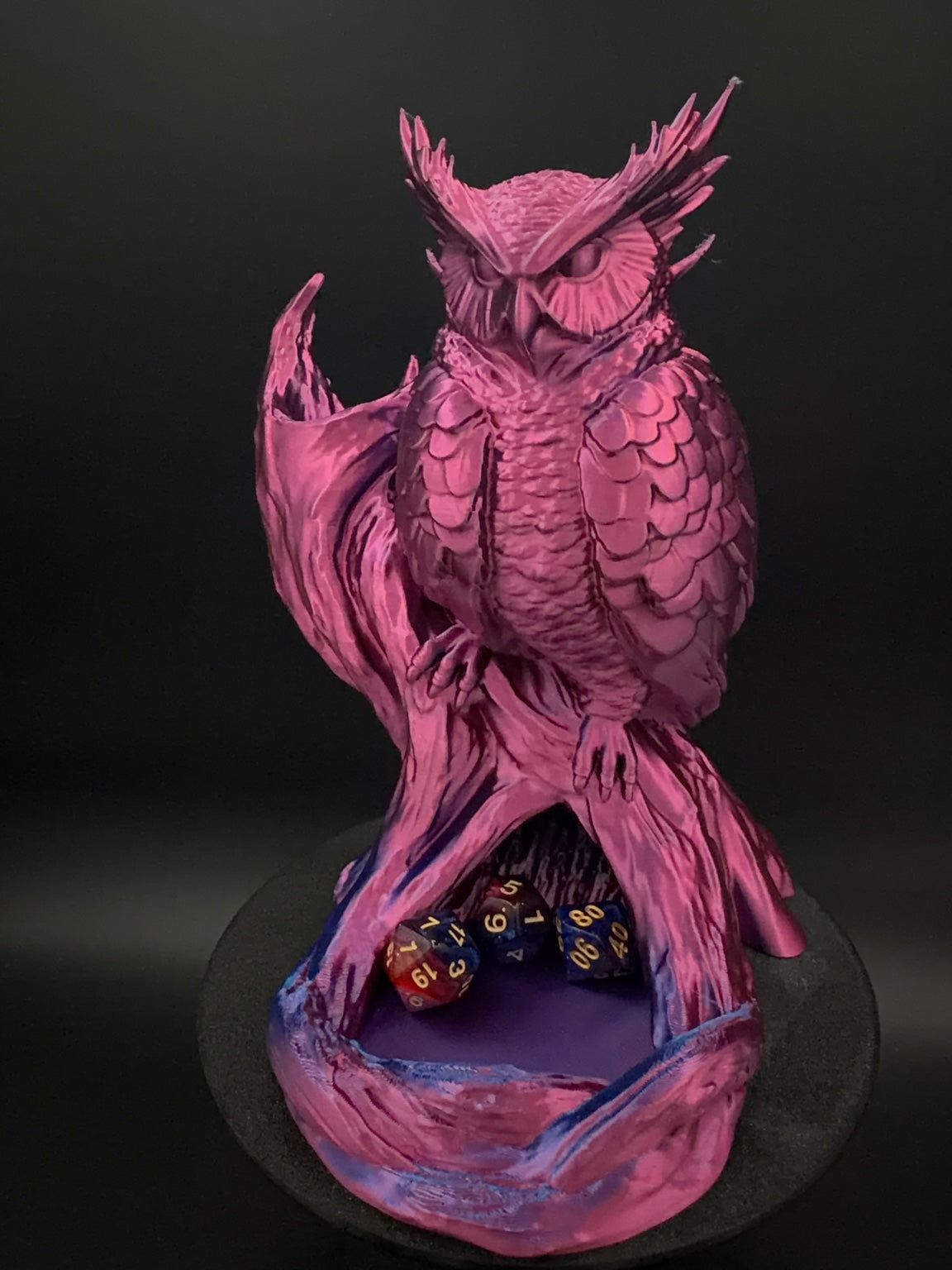 Pink and blue Omen Owl dice tower, view 1 [Pink Blue]