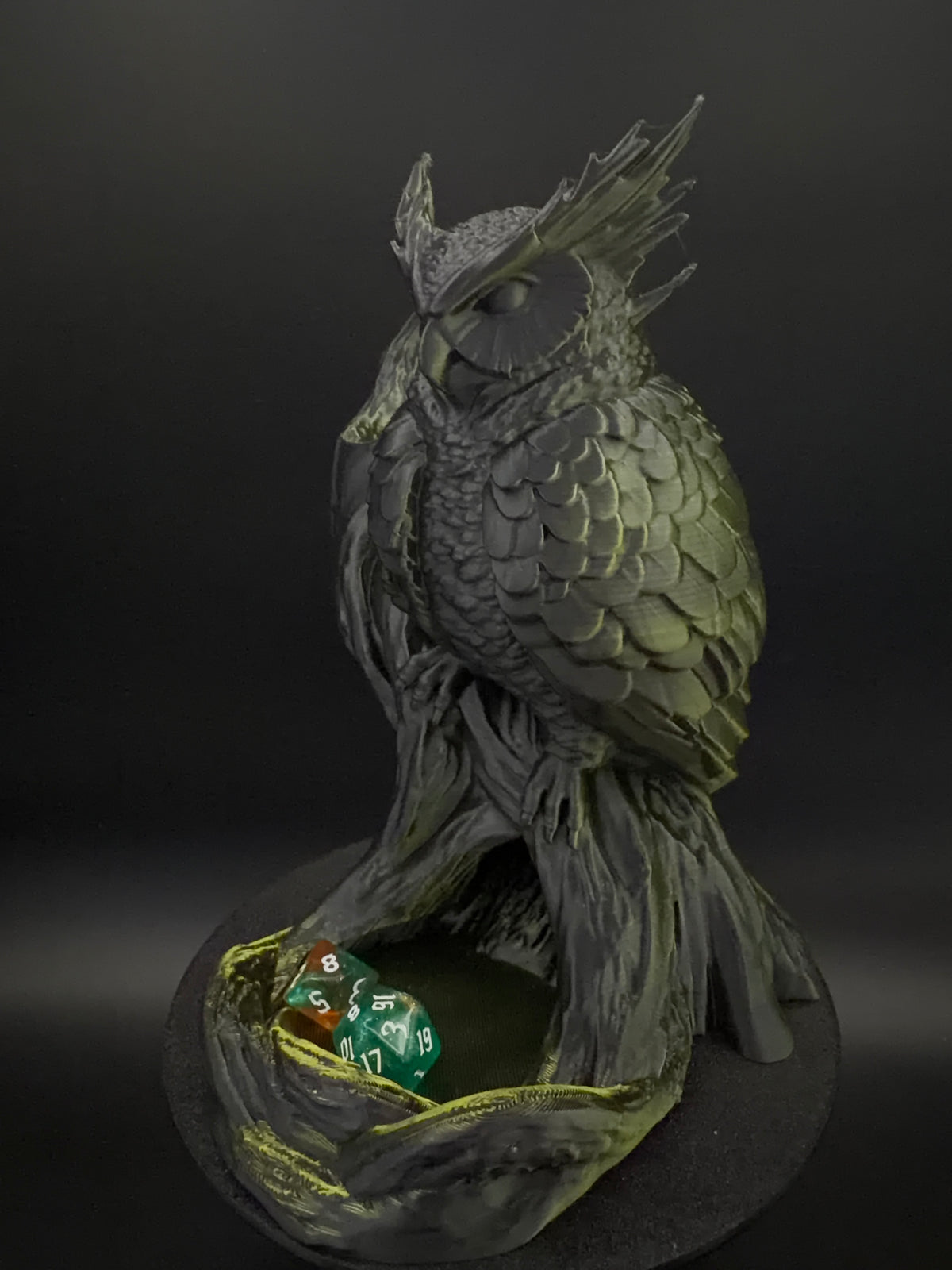 Charcoal and moss gold owl dice tower, view 1 [Black Gold]