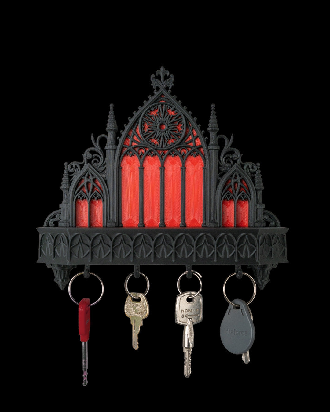 Sanctuary Key Holder gothic 3D printed wall key holder on black background with keys