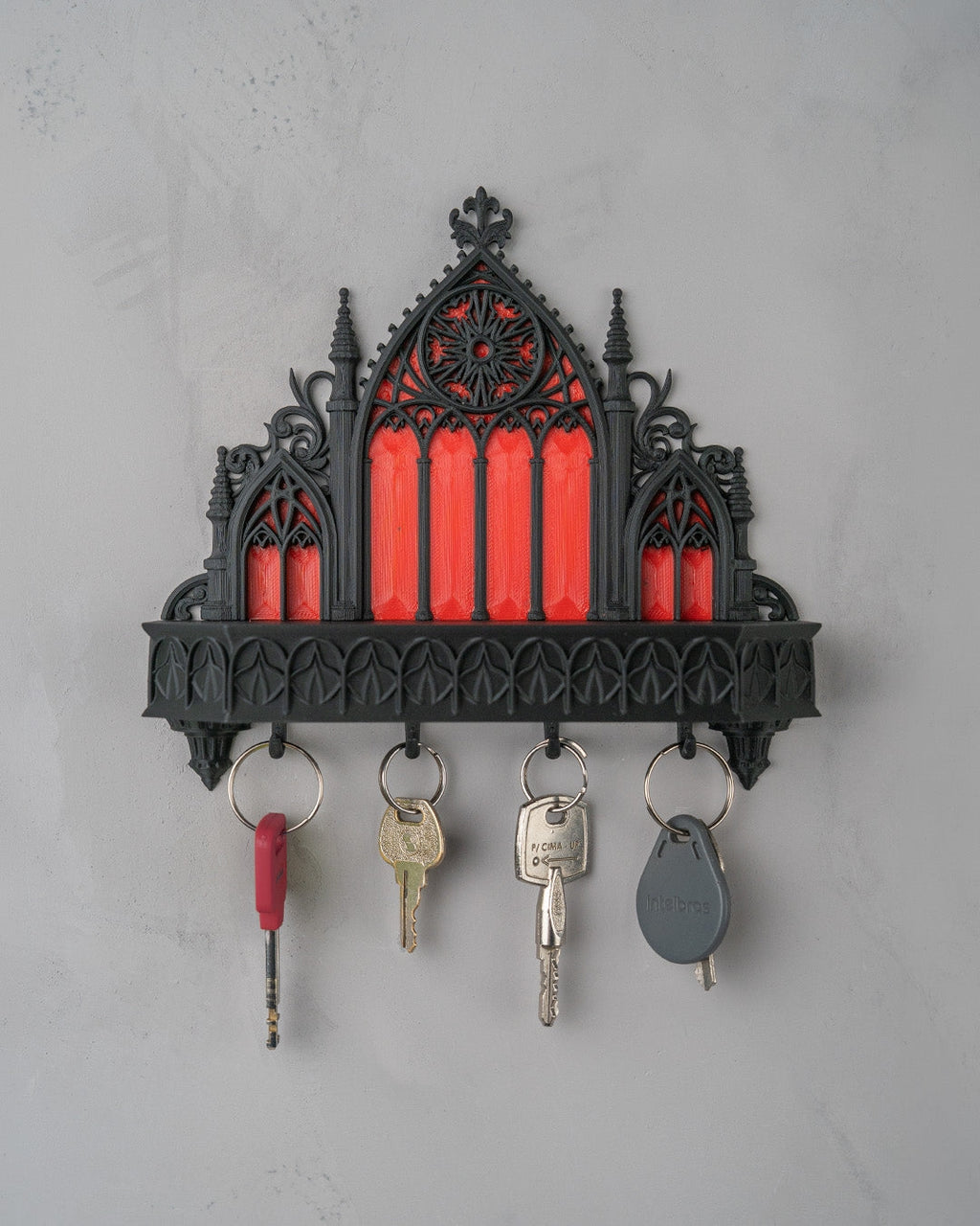 Sanctuary Key Holder gothic 3D printed wall key holder mounted on wall with keys