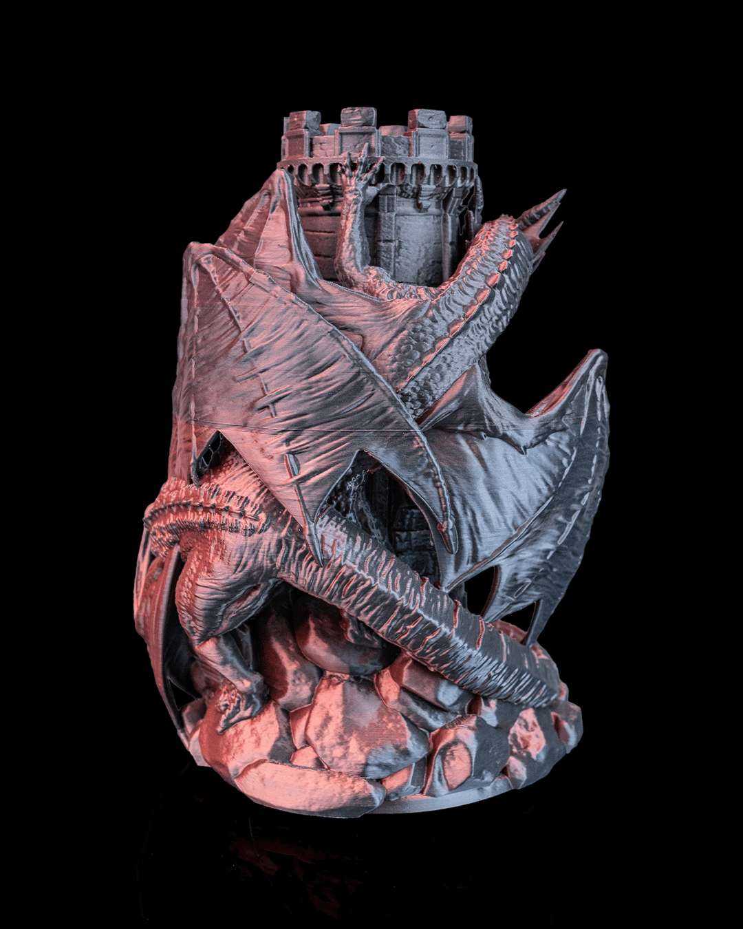 Twin Fate Dragon Dice Tower close rear view showing dragon wings and tail