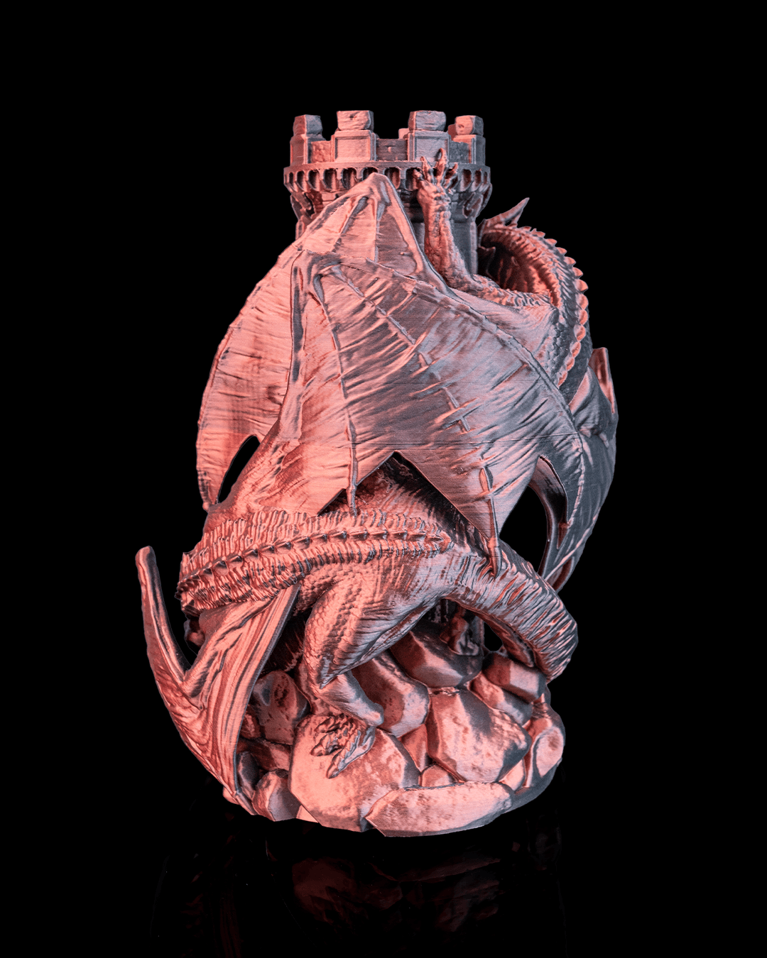 Twin Fate Dragon Dice Tower back view with dragon wings and tower