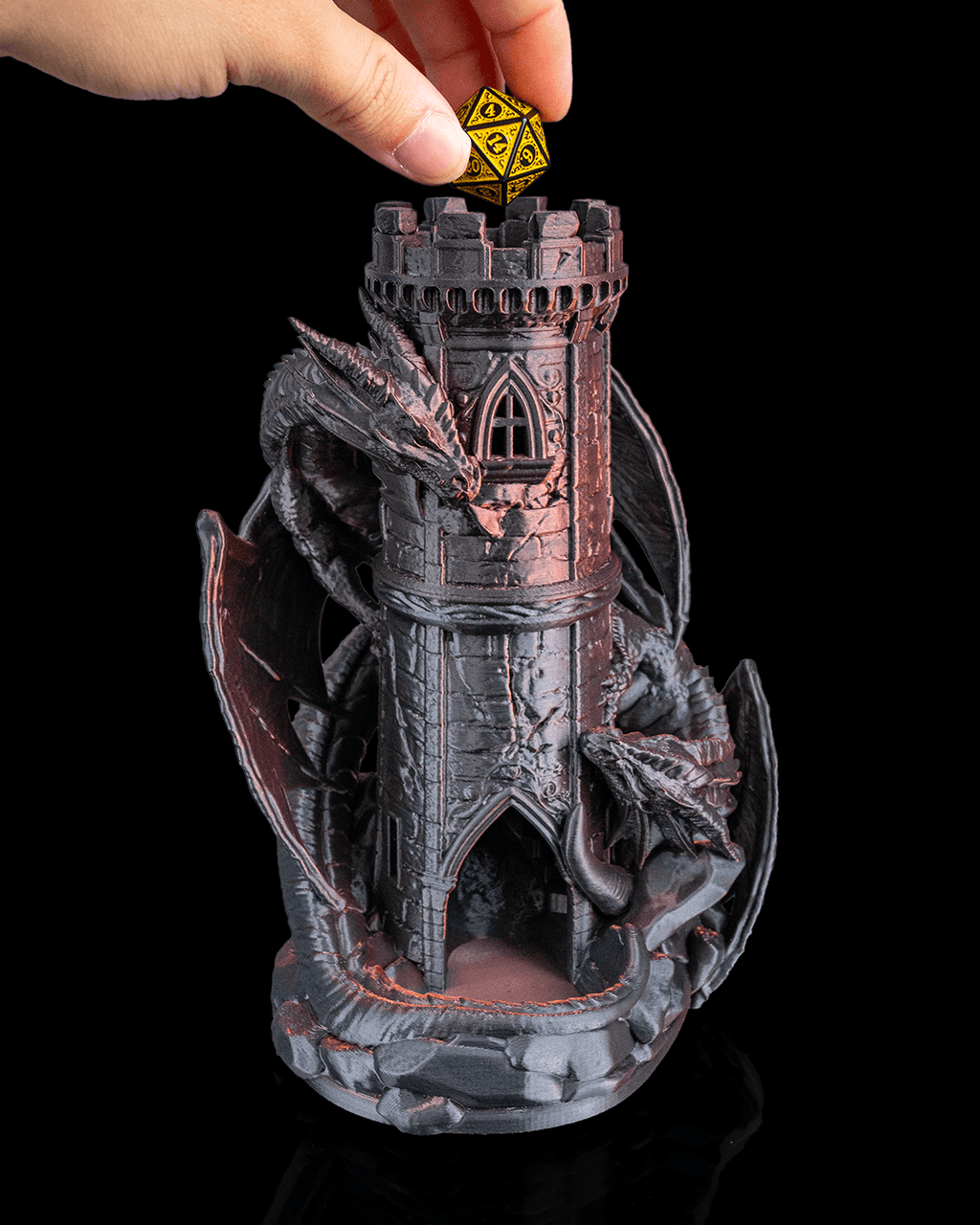 Twin Fate Dragon Dice Tower with die being dropped into the top