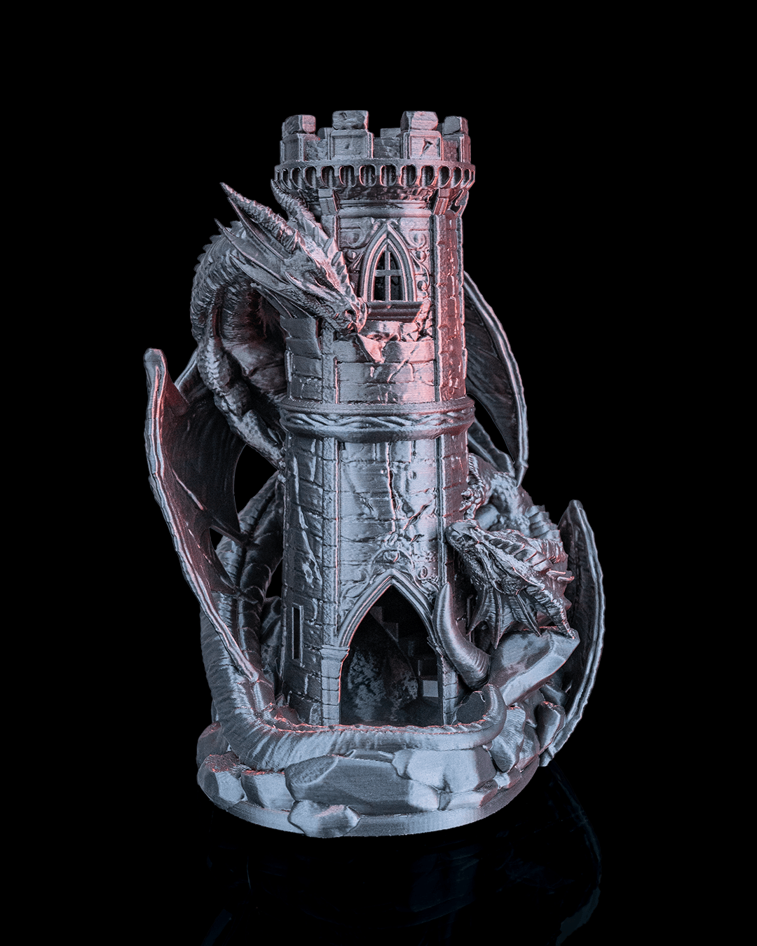 Twin Fate Dragon Dice Tower front detail with gothic window and dragon heads