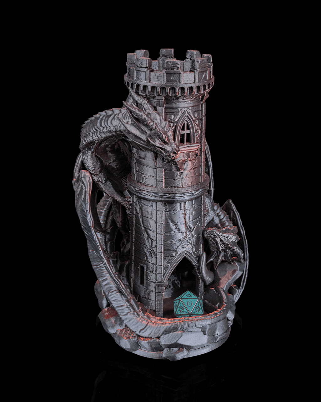 Twin Fate Dragon Dice Tower front view with castle tower and dragon