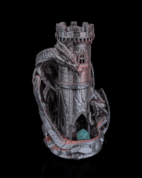Dragonbound Tower dragon dice tower front view with castle tower and dragon