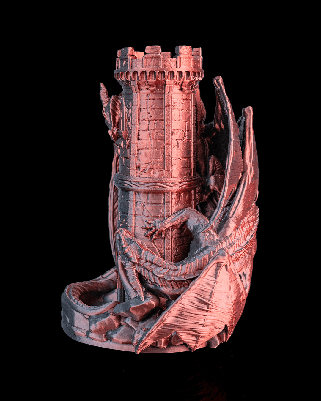 Twin Fate Dragon Dice Tower rear angle with dragon wrapped around castle tower