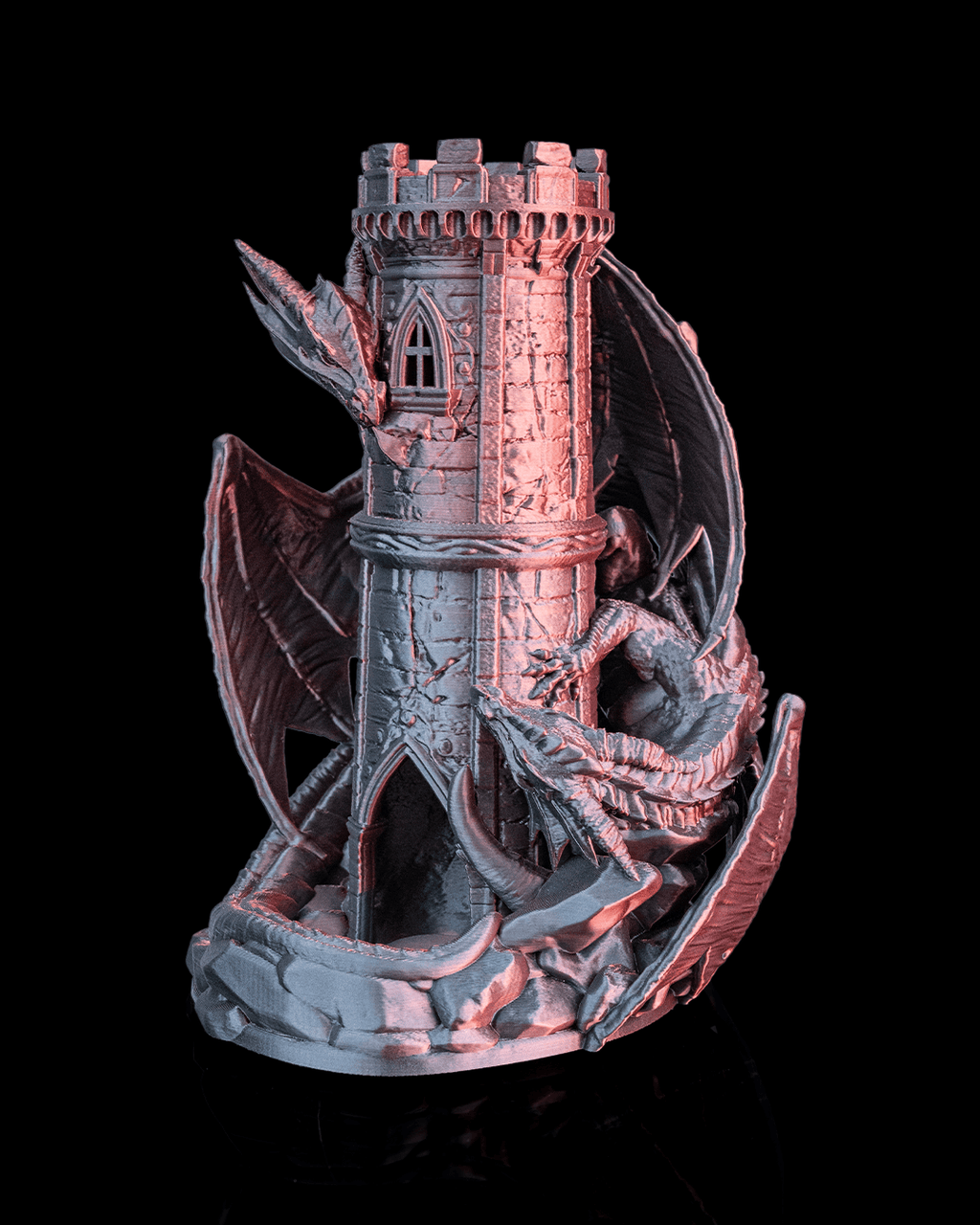 Twin Fate Dragon Dice Tower side angle showing dragon wrapped around tower
