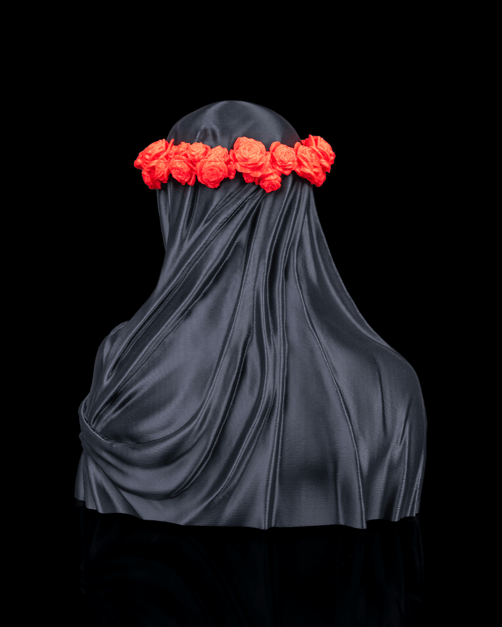 Veil of Silence Floral Gothic Statue back view with draped veil and red flower crown