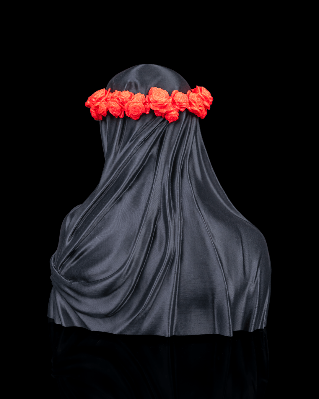 Veil of Silence Floral Gothic Statue back view with draped veil and red flower crown