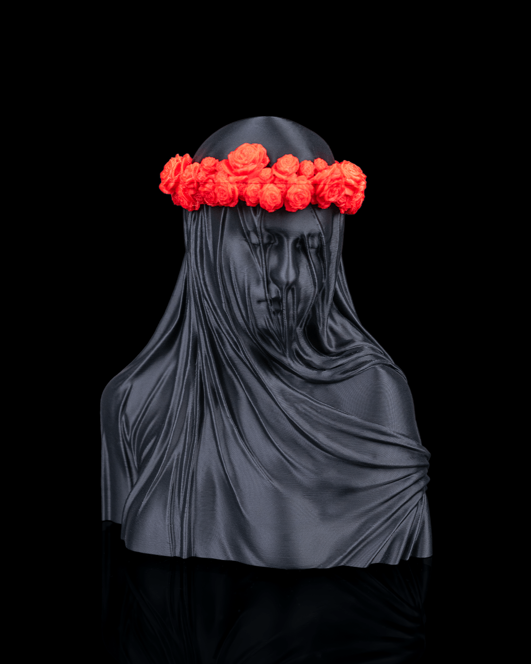 Veil of Silence Floral Gothic Statue front view with red flower crown