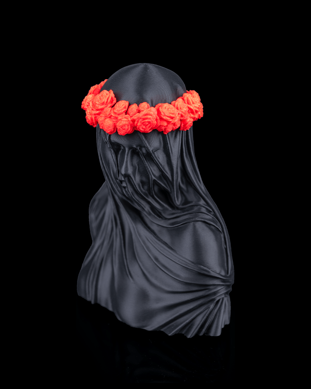 Veil of Silence Floral Gothic Statue left angled view with red flowers