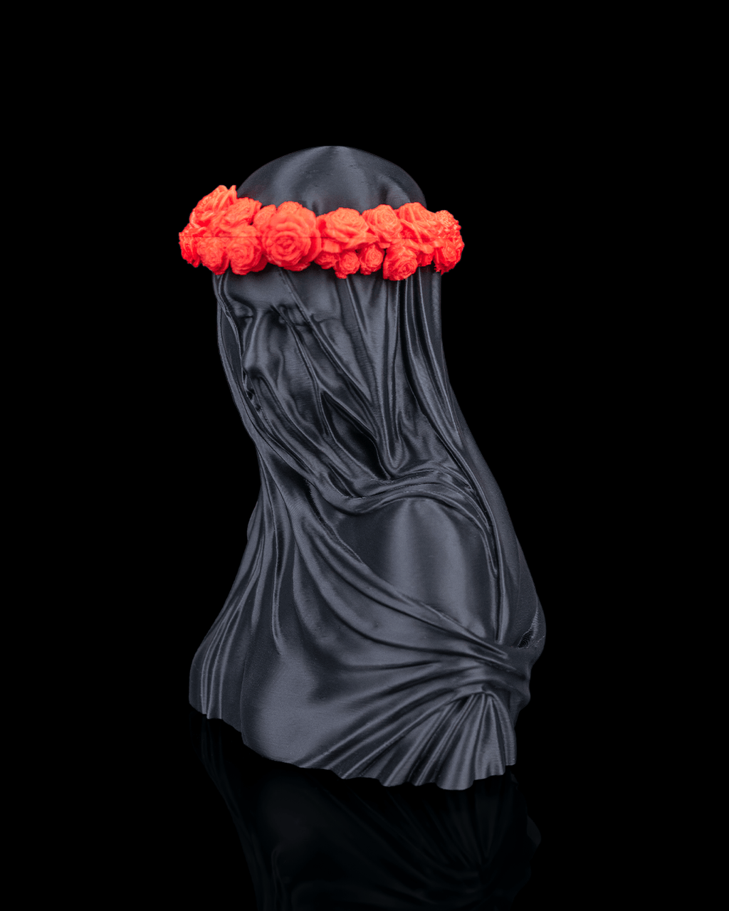 Veil of Silence Floral Gothic Statue right angled view with red flowers