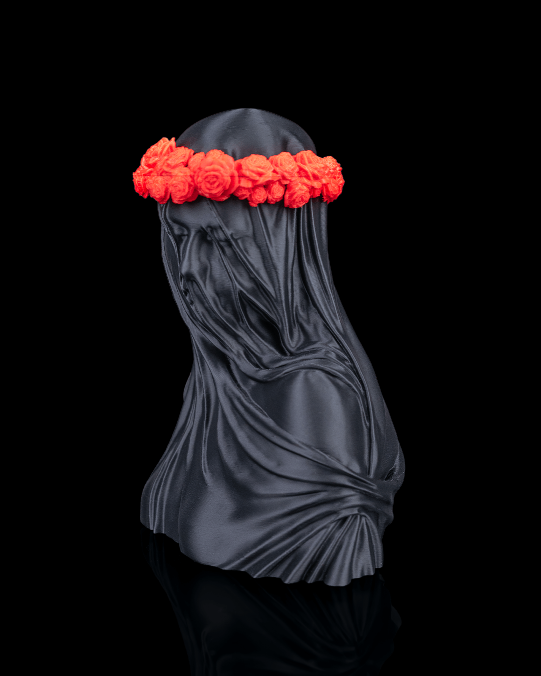 Veil of Silence Floral Gothic Statue right angled view with red flowers