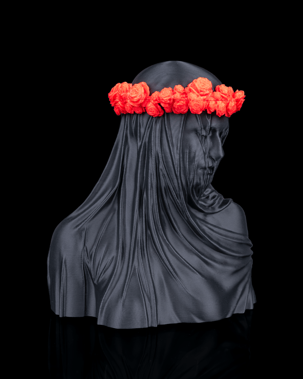 Veil of Silence Floral Gothic Statue side back view with red flower crown