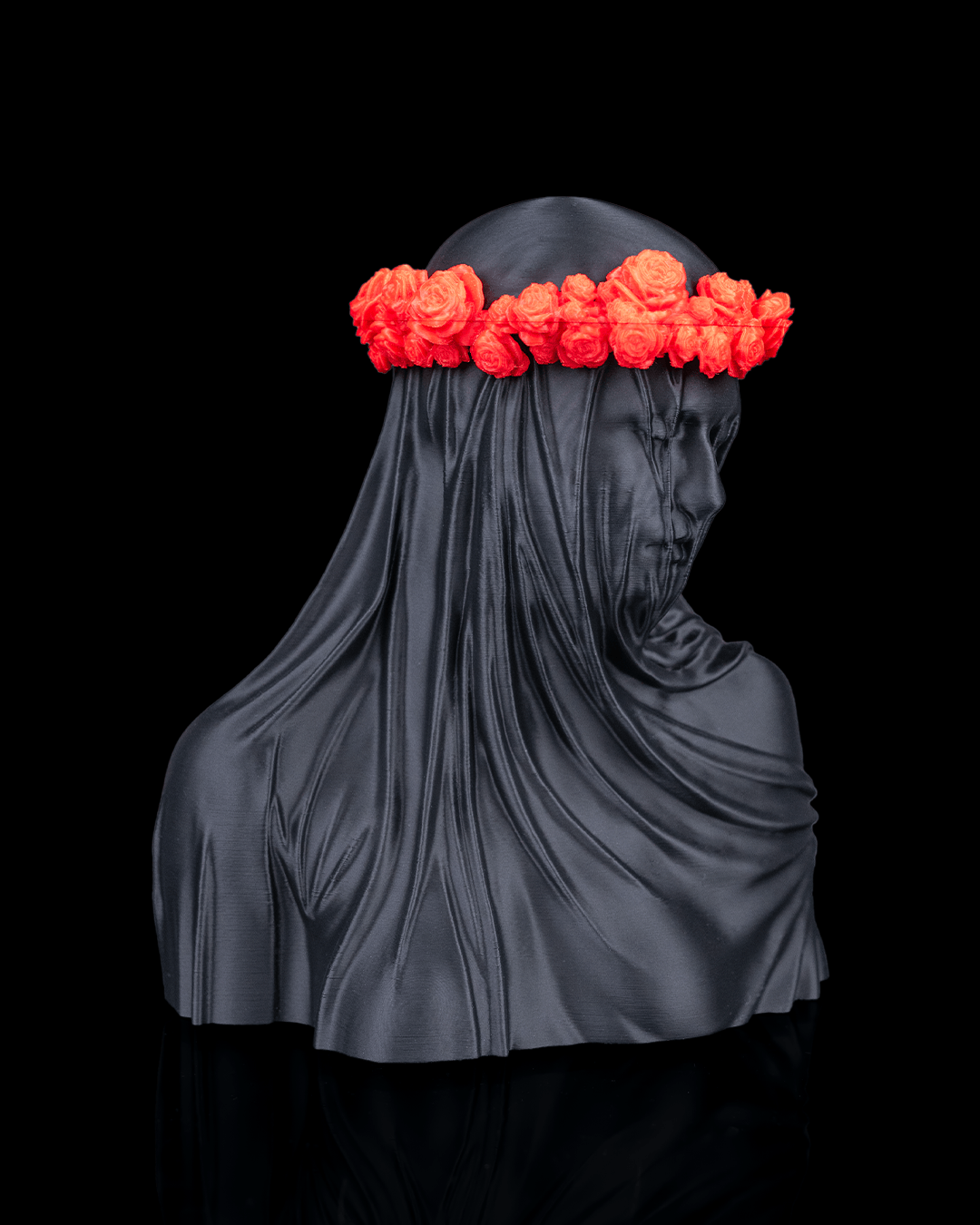 Veil of Silence Floral Gothic Statue side back view with red flower crown
