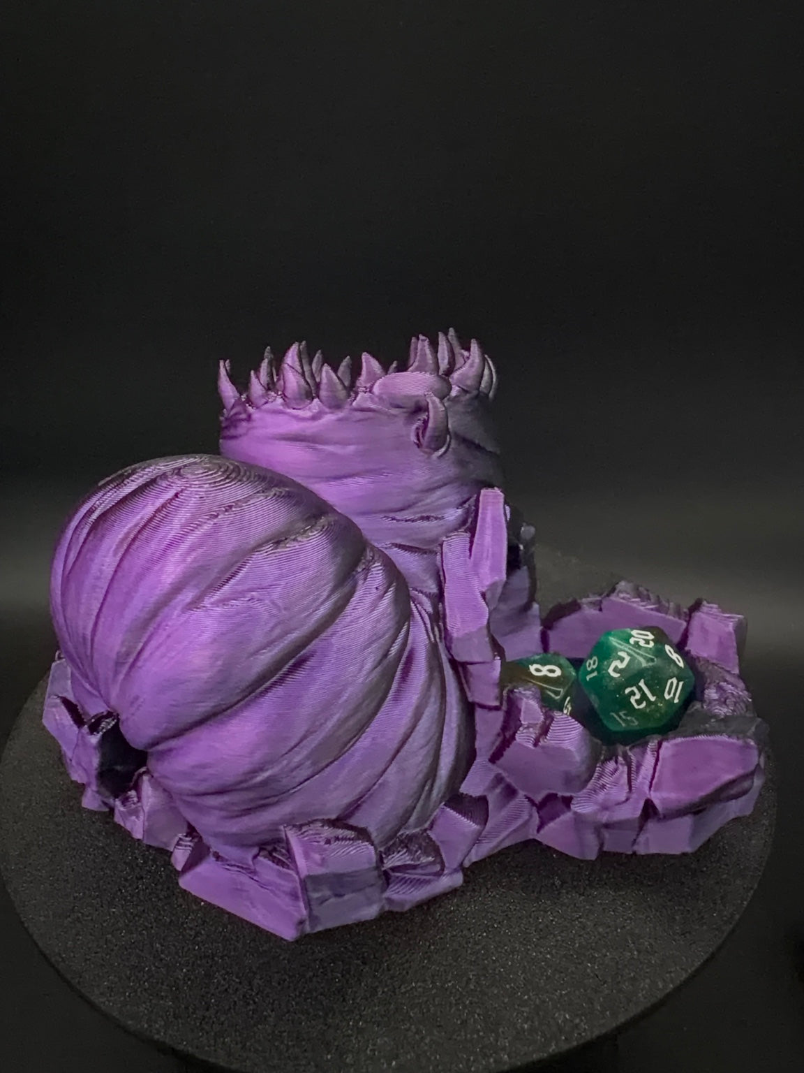Side view of purple and black creature tower with dice tray [Black Purple]