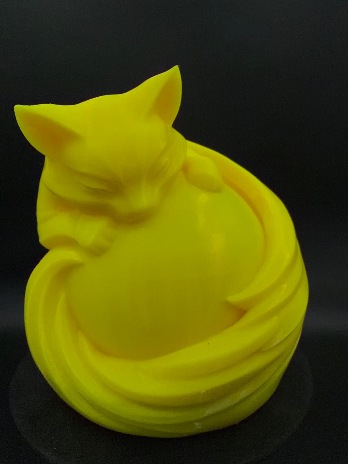 Yellow Cat lamp unlit, front view showing bright yellow print